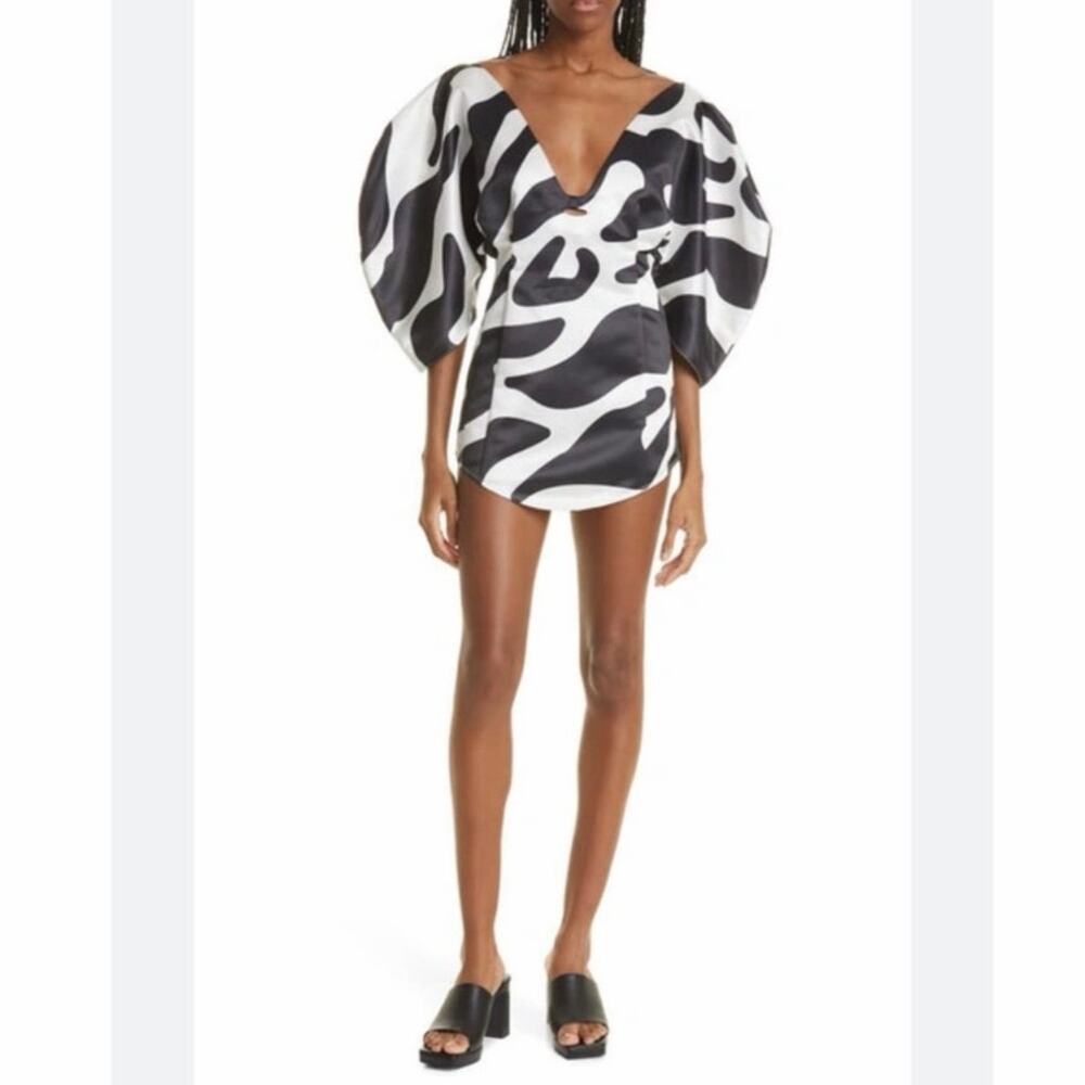 Mother of All Jessica Zebra Puff Sleeve Mini Dress Black White Size Small